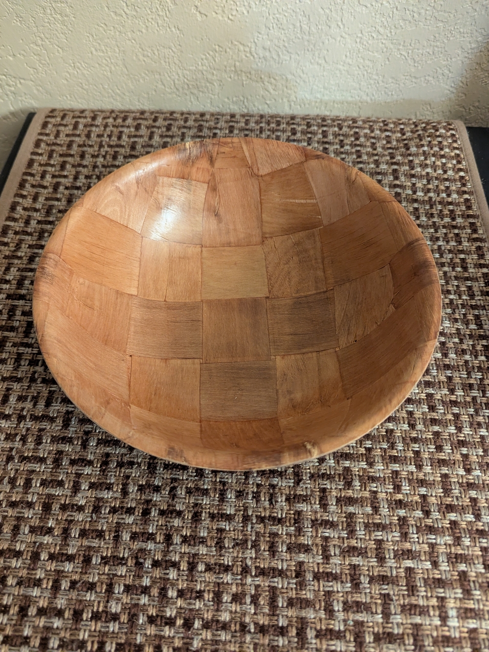 1970's Vintage Wood Like Patchwork Decorative Bowl in A Thin Brown Material